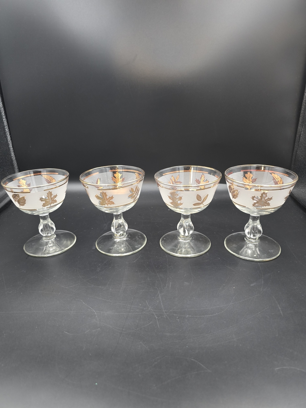 Set of 4 Gold-Leaf Etched Champagne Coupes - Clear Glass